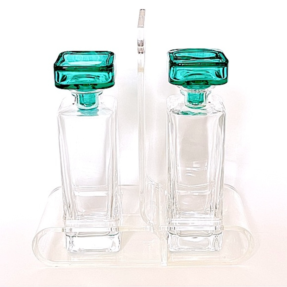 Bormioli Italy Cruet Set Oil Vinegar Vintage Glass Bottle Stopper Vanity MCM Bar